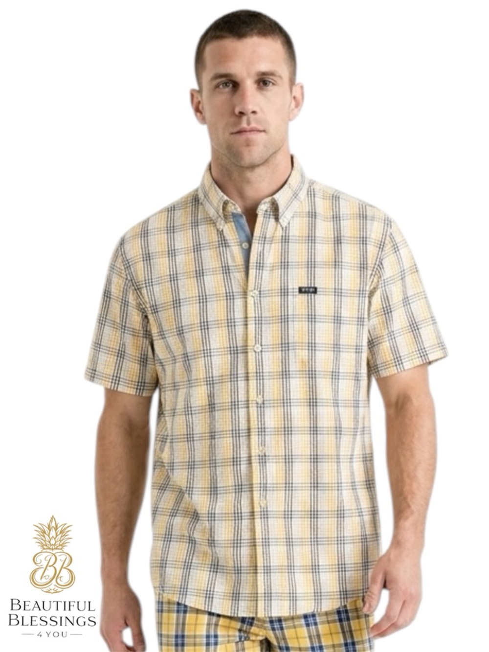 Ralph Lauren Chaps 100% Cotton Men's Short-Sleeve Yellow Plaid Button-Down Shirt